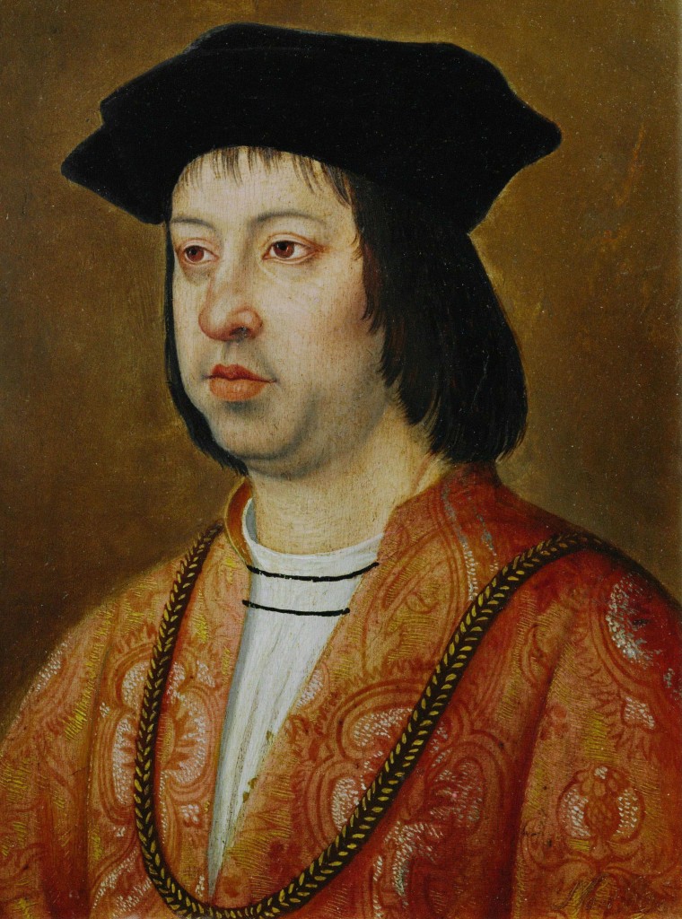 FERNANDO II "El Católico" (1452-1516). Rey de Aragón (y de Castilla (1474-1504). Rey Fernando el Católico Exposicion el linaje del emperador. circa 1490-1500. Oleo sobre lienzo.