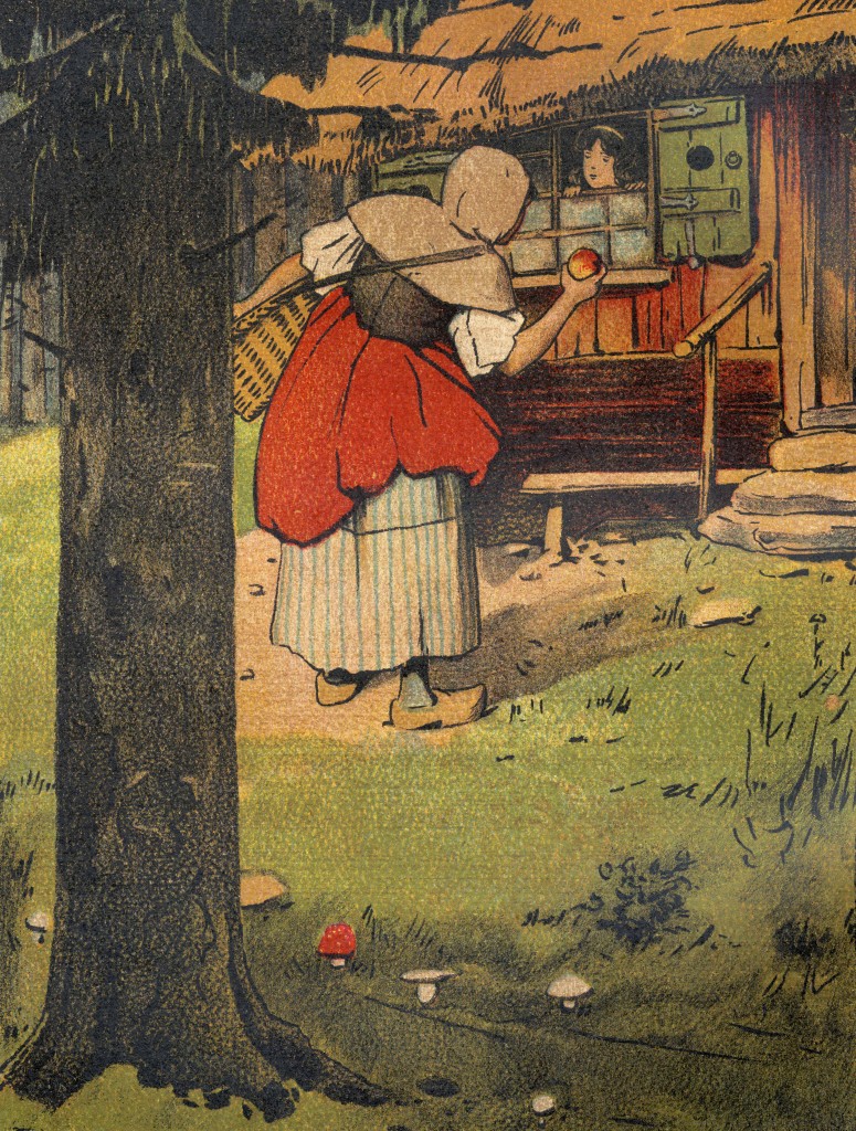 Snow White and the Seven Dwarfs (Schneewittchen) - German fairy tale by the Brothers Grimm. The queen disguised as a countrywoman, offering Snow White a poisoned apple. Illustration by German artist Willy Planck (1870 - 1956). Published: Stuttgart, Gustav Weise Verlag. Jacob Grimm: 4 January 1785 - 20 September 1863. Wilhelm Grimm: 24 February 1786 - 16 December 1859.