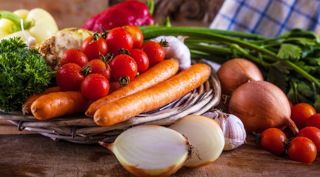 Vegetables on old vintage table.