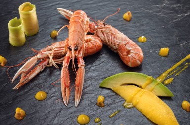 Cigalas asadas con mango y aguacate