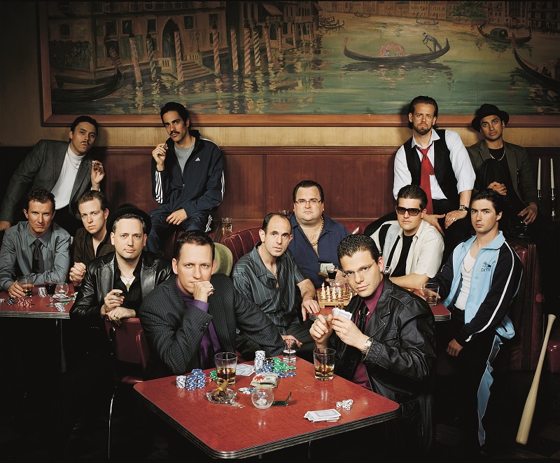 ca. 2007 --- Andrew McCormack; David Sacks; Elon Musk; Jawed Karim; Jeremy Stoppelman; Keith Rabois; Kenny Howery; Luke Nosek; Max Levchin; Peter Thiel; Premal Shah; Reid Hoffman; Roelof Botha --- Image by © Robyn Twomey/Corbis Outline