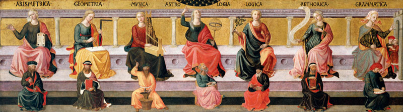 The seven liberal arts - arithmetic, geometry, music, astronomy, logic, rhetoric, and grammar - made up the Trivium and the Quadrivium of the premodern curriculum. Artist: Domenico di Michelino (previously attributed to workshop of Francesco di Stefano Pesellino), circa 1460. Located in the Birmingham Museum of Art, Birmingham, Alabama, USA. (Photo by VCG Wilson/Corbis via Getty Images)