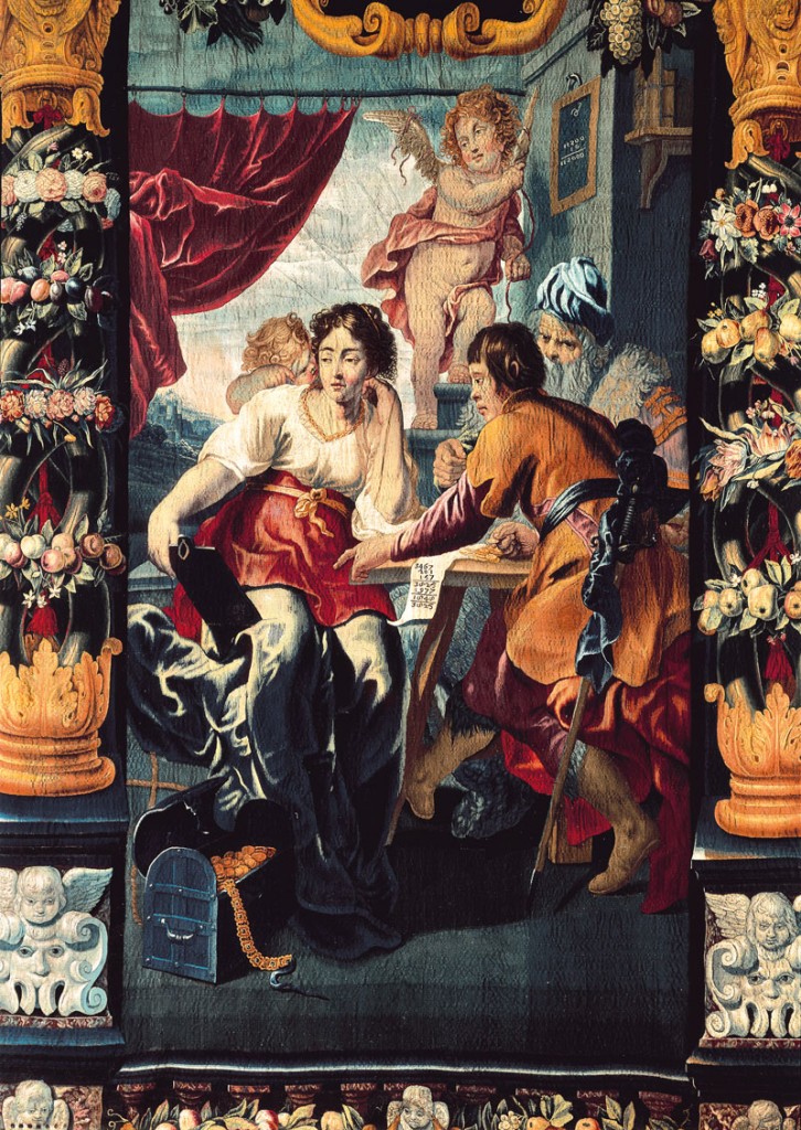 Italy, Lombardy, Milan, Castello Sforzesco, Civic Collections of Applied Art, Detail, This taperstry is one of a serie of six belonging to the Sormani Collection, on a drawing by Cornelis Schut partially by the artist, At the center of the scene three people discuss about a summ of money, around a table framed by columns decorated with fruits and flowers, The woman personificates Arithmetic, at her back two little angles are playing, at her feet there is a lock box with golden coins. (Photo by Sergio Anelli/Electa / Mondadori Portfolio via Getty Images)