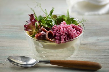 Crema temblorosa de queso con granizado de oporto