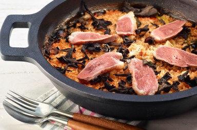 Arroz seco de verduras y pato