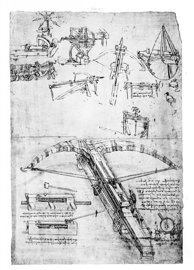 Giant crossbow, technical and mechanical drawings from a notebook, Leonardo da Vinci (1452-1519)