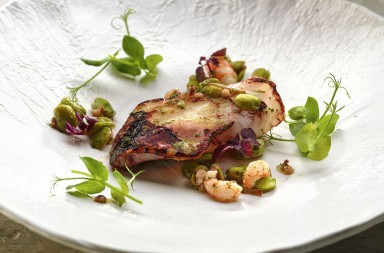 Chipirones con vinagreta templada de habas y crema de morcilla