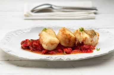 Taco de bacalao frito con pimientos