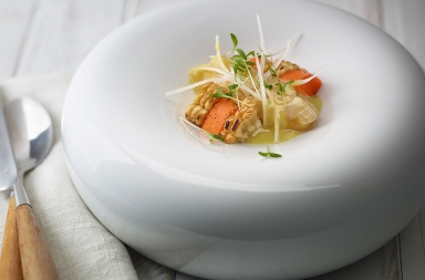 Ceviche de lubina, naranja, maíz y boniato