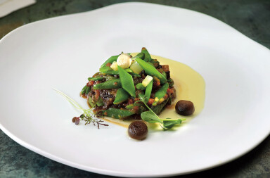 Menestra de setas con judías y sopa